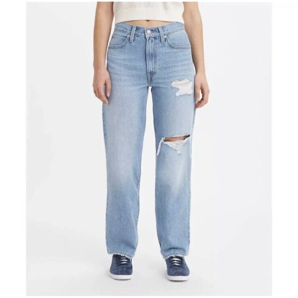 Levi's Women's 28 Mid-Rise '94 Baggy Straight Jeans Blue Distressed‎ Denim